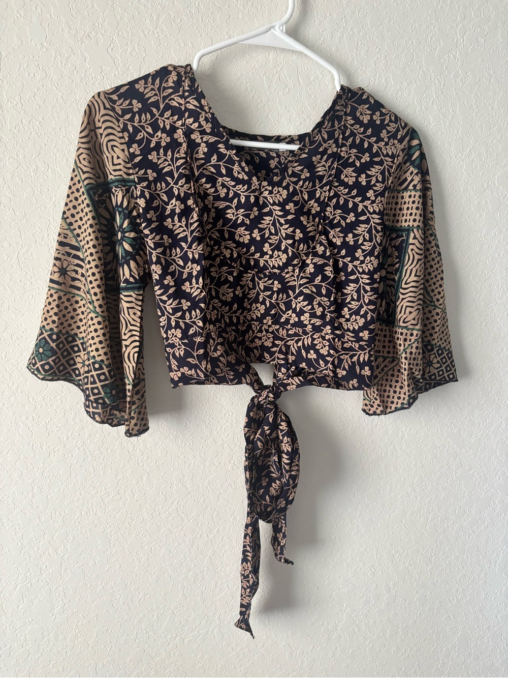 Earthbound Trading Co Floral Crop Top Bell Sleeve Open Back Tie Boho Festival